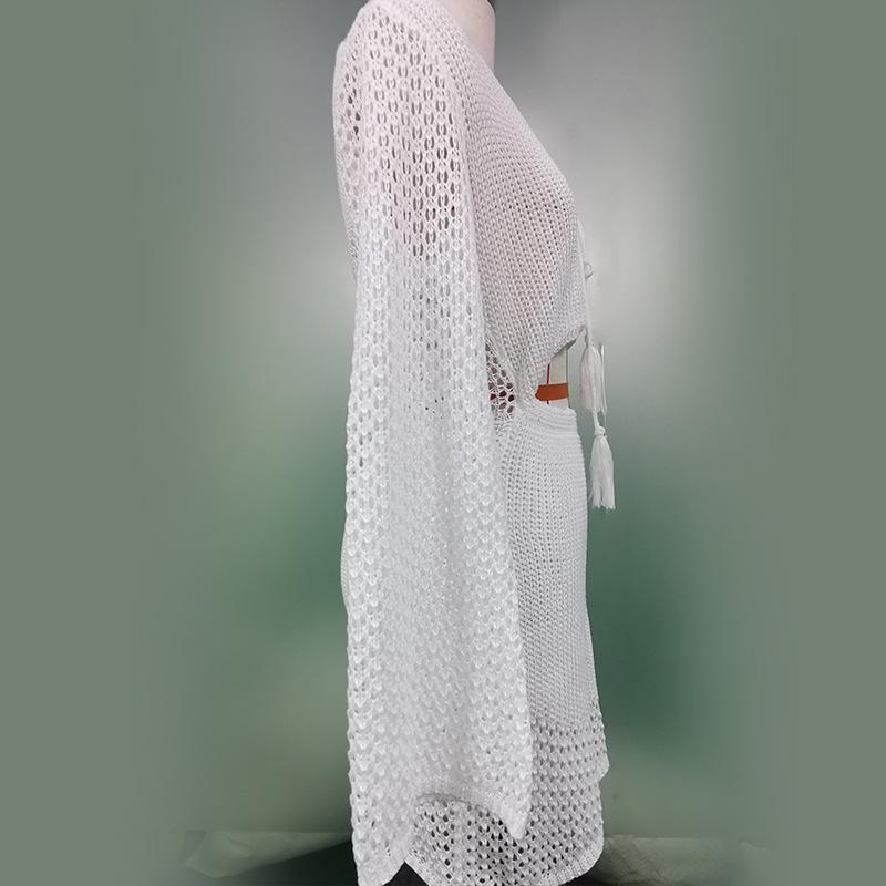 Bikini Cover Up Beach White Crochet Tunic Women Summer Knitted Bodycon Mini Dress See Through Elegant Hollow Out Sexy Party Dresses