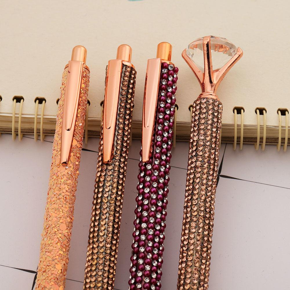Шариковая ручка Press Rhinestone Rose Gold, роскошные милые свадебные металлические канцелярские принадлежности для школы и офиса, 4 шт.