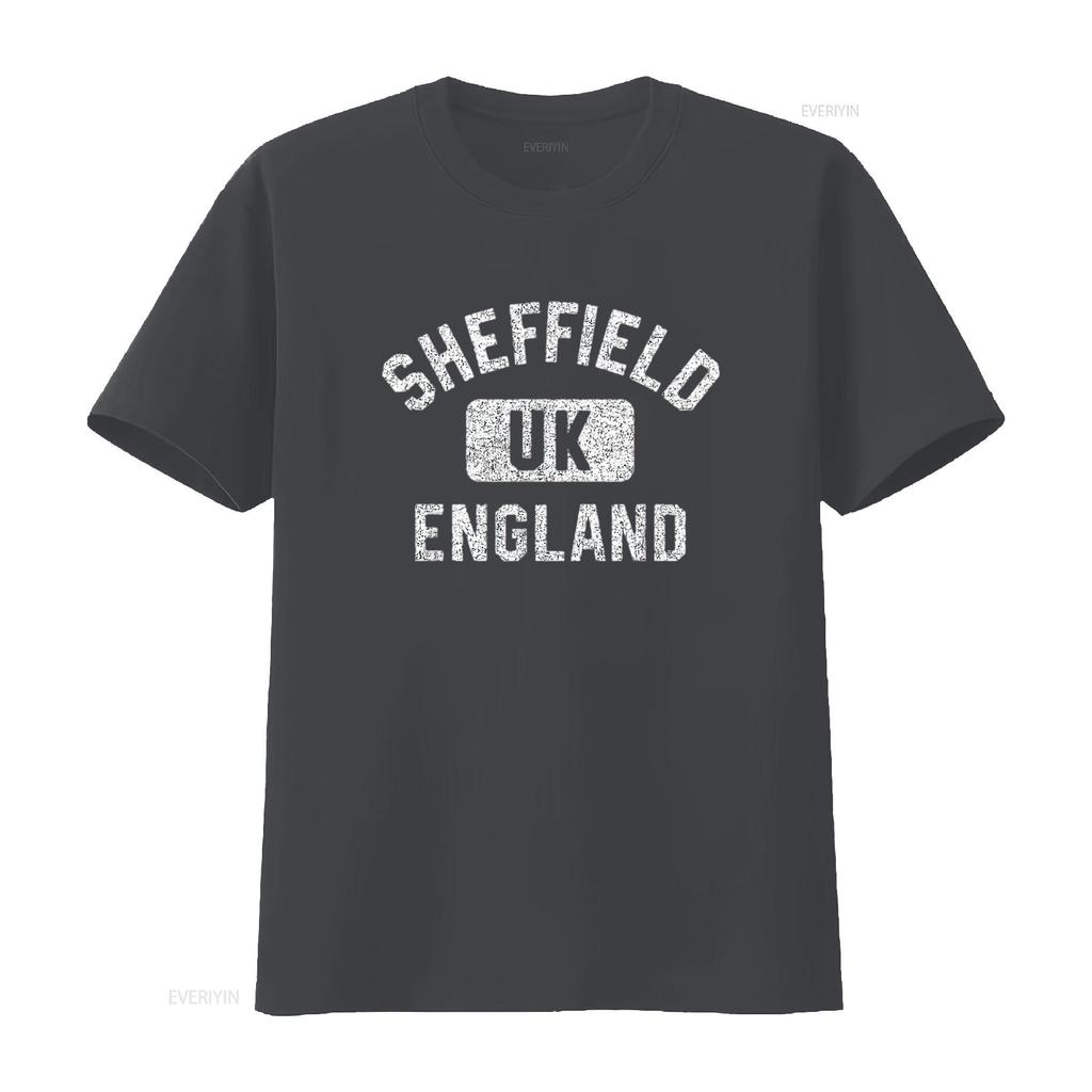 Мужская футболка Sheffield Англия Великобритания Стиль спортзала Потертый Белый принт Черный винтажный Стиранный Удобная Мягкая мода Немного