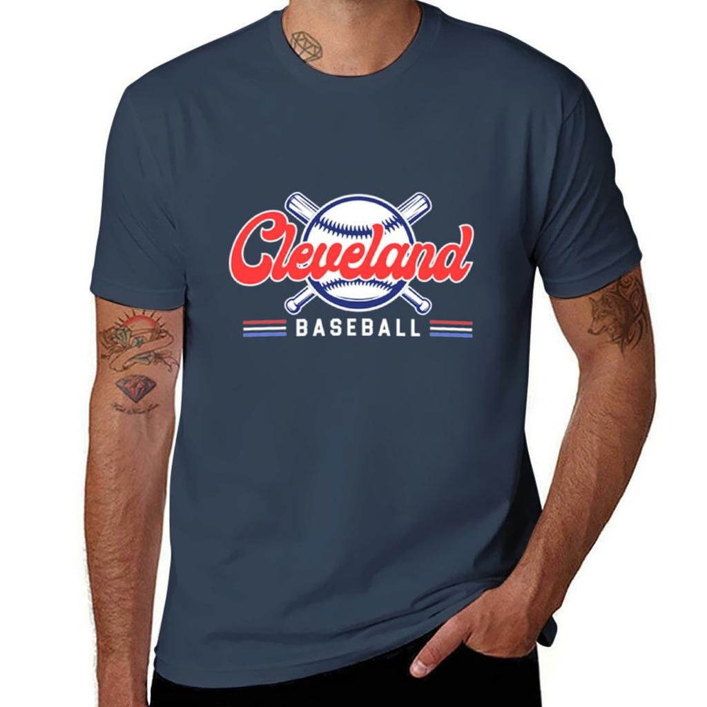 Cleveland Baseball Red And Blue Tshirt Breathable Basic Cotton Tshirt