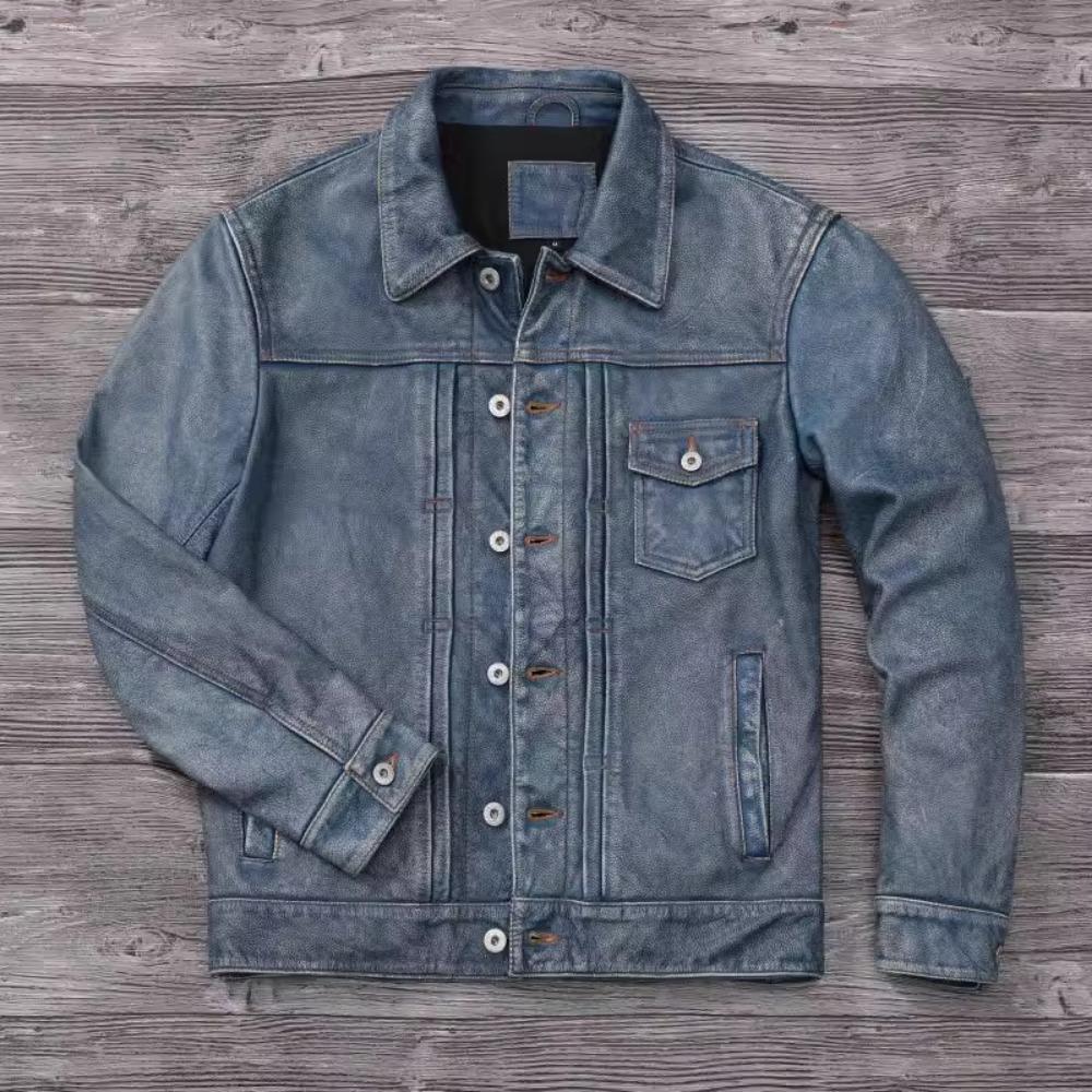 Китайский размер винтажная синяя натуральная кожаная куртка мужская 506 стиль Slim Fit короткая воловья кожа мужское кожаное пальто осень