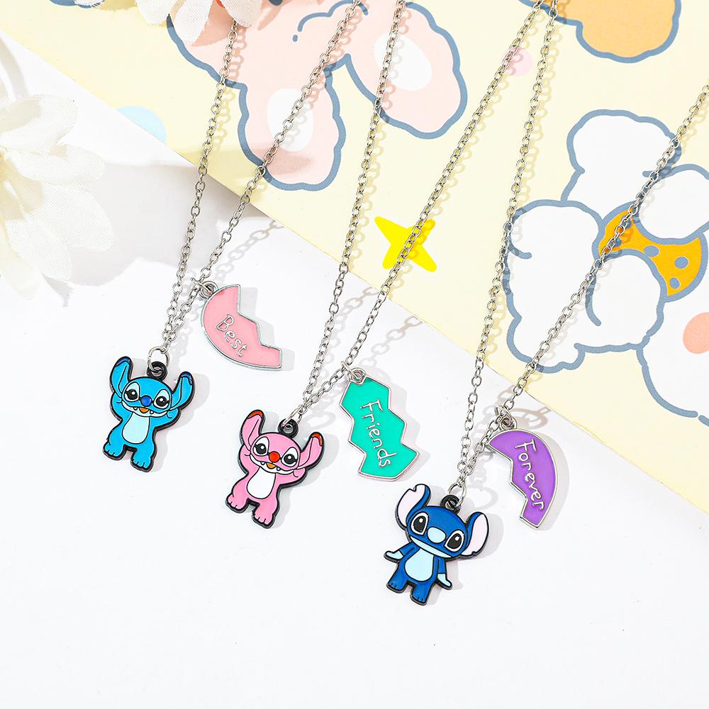 Stitch BFF Necklace Trio Cute Matching Heart Pendants for Sisters Best Friends & Couples