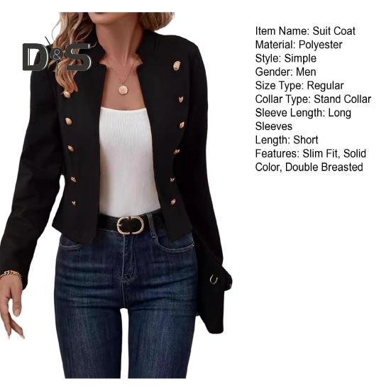 Женская куртка с воротником-стойкой, длинный рукав, двубортный короткий костюм, пальто, однотонная деловая верхняя одежда