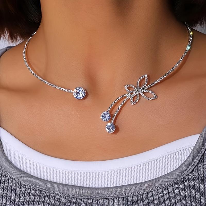 Elegant Rhinestone Butterfly Split Collar Necklace, Luxury Simple Design Full Rhinestone Necklace, Adjustable Collar Bone Chain Jewelry