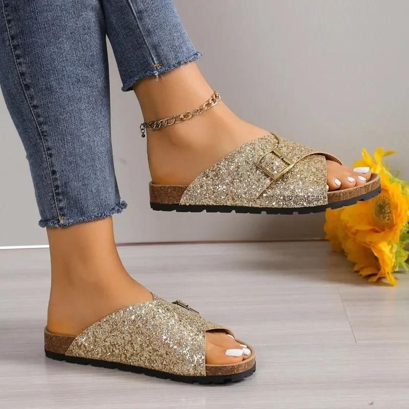 2024 Women's Fashion Flat Sandals Summer New Style Round Toe Cross Buckle Breathable Sequins Soft Bottom Anti-Slip Drag