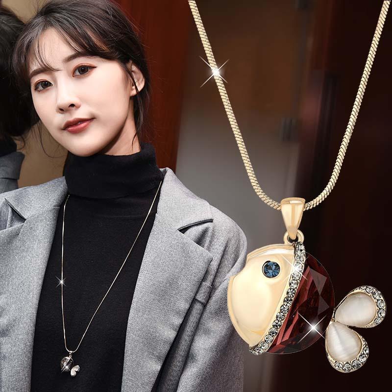 Personalized Crystal Fish Pendant Sweater Chain Fashionable Simple Long Necklace