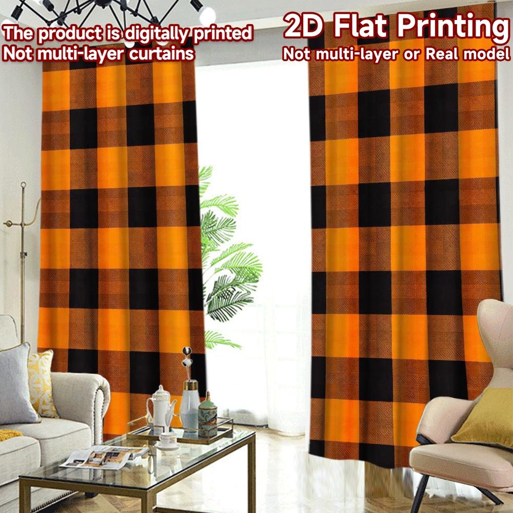 2D FLAT PRINTING 2pcs Curtains (Without Rod) Halloween Orange Black Checks Popular Minimalist Curtains Prints Light Filtering