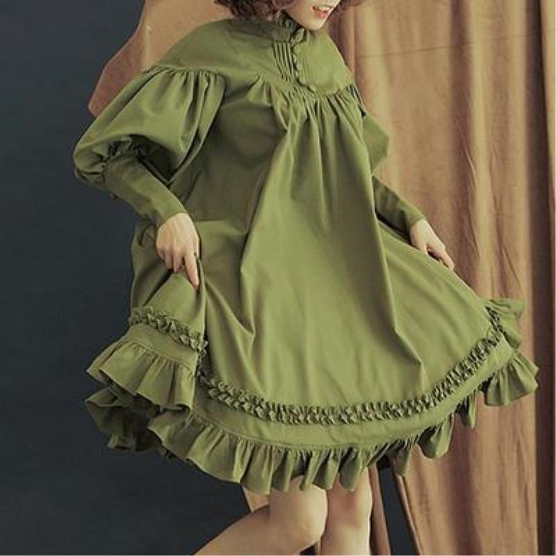 Women's Loose Standing Collar Lace Long Sleeve Button COS Clothing Solid Color Sweet Lantern Sleeve Long Dresses