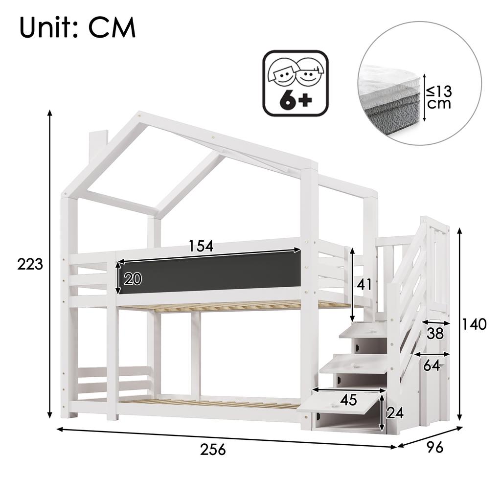 Children's Treehouse Bed 90 x 200 cm, Bunk Bed with Chimney & Storage and Fall Protection, White, incl. Board – 2x Slatted Frame (Without Mattress)