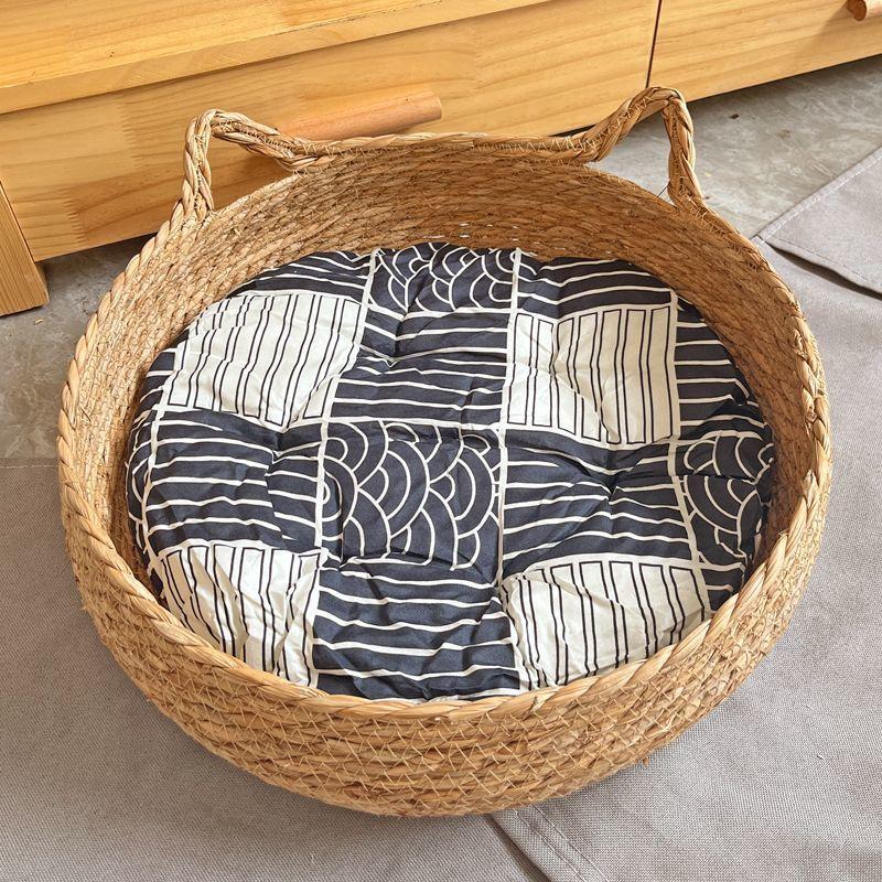 OUZEY Rattan Weaving Cat Basket Pet Cat Bed With Cushion Soft Warm Puppy Kitten Bed Donut Round Comfortable Sleeping Cat House