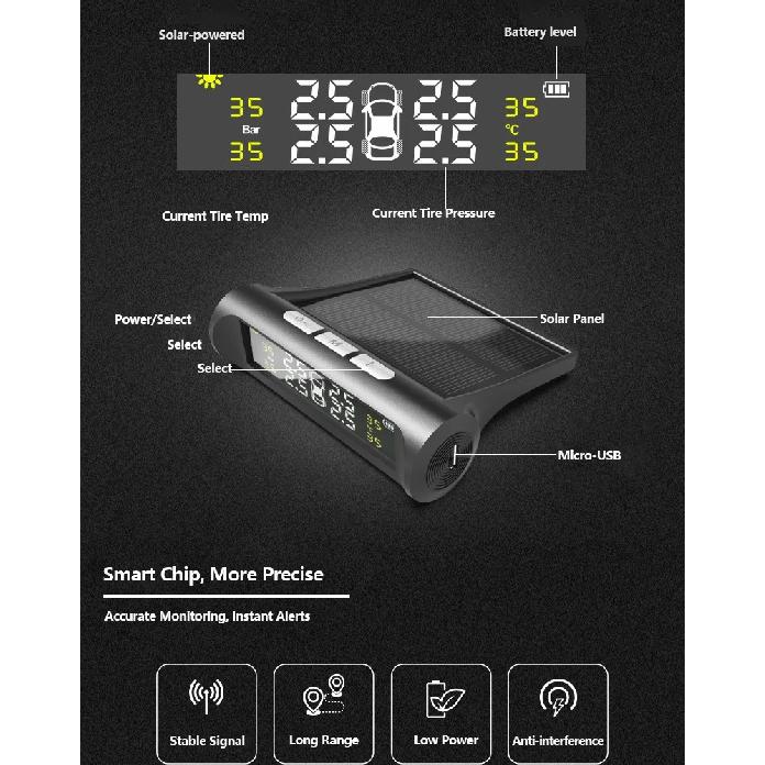 Solar Wireless Tire Pressure Monitoring System TPMS Auto Security Alarm Device With 4 sensors Temperature Warning