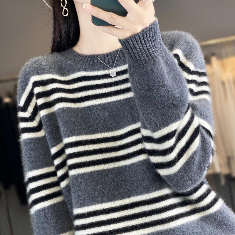 Women's Color Block Striped Knit Sweater: Cotton, Cashmere, & Wool Blend - Casual Autumn/Winter Pullover
