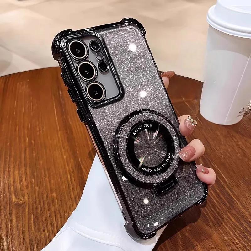 Suitable for Samsung S25Edge Mobile Phone Case Electroplated Magnetic Bracket S24Ultra Anti Fall Cover A55 Gradient Powder Soft