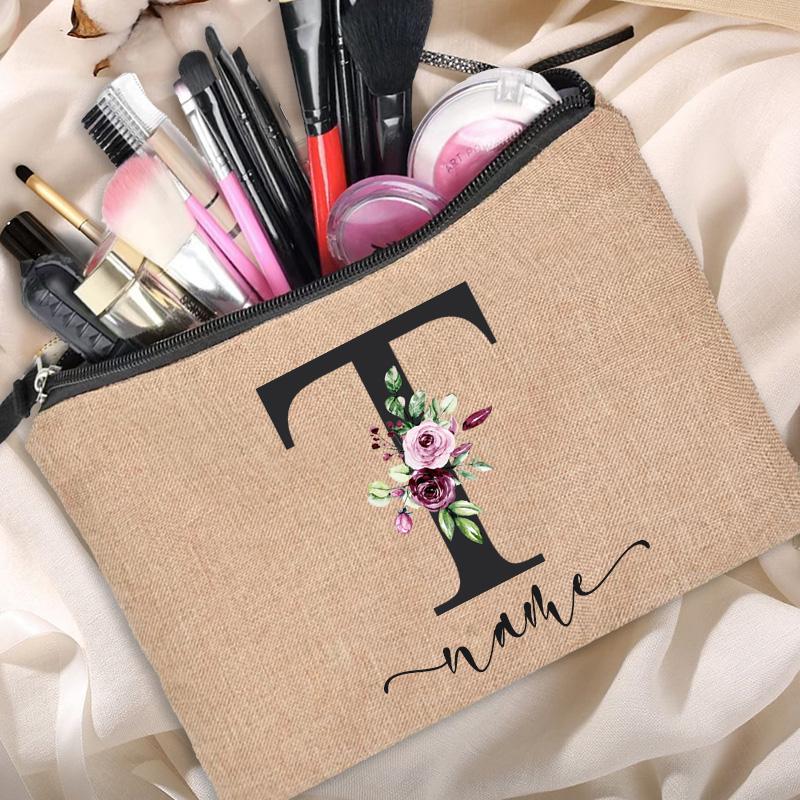 Linen Makeup Bag Customized Personalized Name Cosmetic Bag Bridesmaid Clutch Outdoor Travel Beauty  Bachelor Party Lipstick Bag
