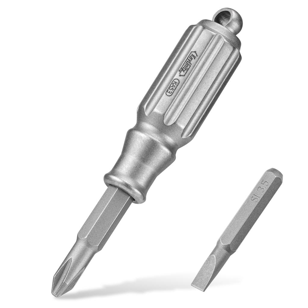 KeyUnity KA53 Мини-отвертка со сменными насадками, Титановая, Включает 2 плоские и крестовые биты, Магнитная, Портативная, Брелок, EDC-инструмент, Мини-ремонтный Т