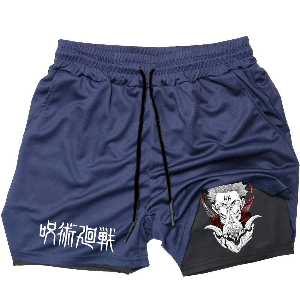 Компрессионные шорты в стиле аниме, летняя спортивная одежда, мужские спортивные шорты для тренажерного зала 2 в 1, мужские шорты для фитнеса и фитнеса