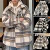 Men Jacket Hooded Fake Two-Piece Plaid Pattern Zipper Button Closure Coat Street Style Loose