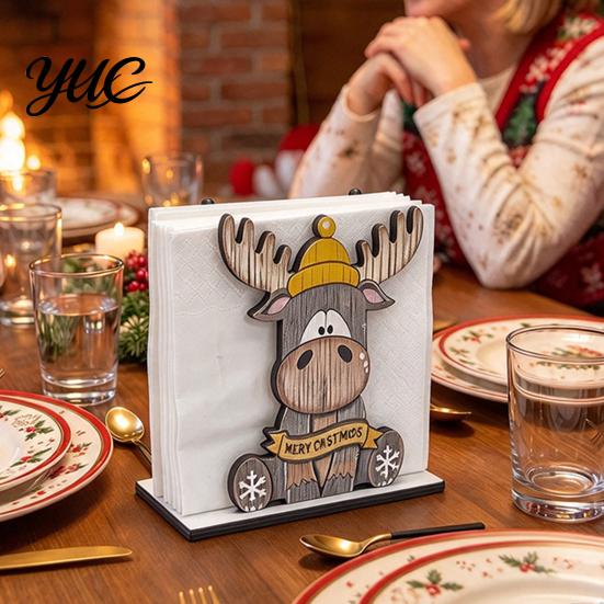 Vertical Napkin Stand for Home Christmas Wooden Holder, Snowwflake/Candy Cane/Elk Cocktail Tissue Dispenser, Holder Table Standing Towel Dining Table,