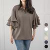 Women's Summer Round Neck Top with Double-Layer Lotus Leaf Sleeves - 6 Colors Available