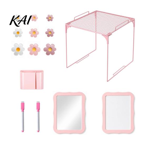 Girls School Supplies 15Pcs/Set Pink Locker Accessories for Girls, with Shelf, Dry Erase Whiteboard, Middle Markers, Mirror, Pen Holder, Flower