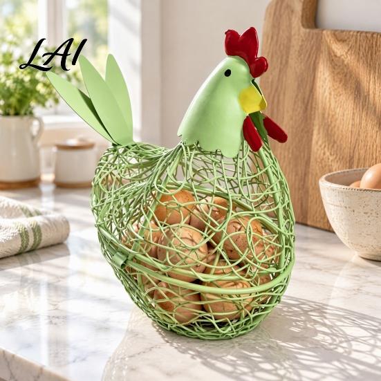 Easter Egg Display Basket Chicken Shaped Basket Rustic Style Decorative Wire Storage Bin Holder Large Capacity for Kitchen Countertop Organizer