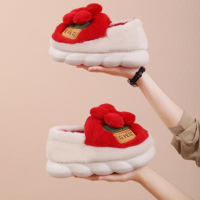 Сумка на толстой подошве и хлопковые тапочки женские осенне-зимние красные праздничные теплые домашние плюшевые нескользящие туфли 2025 новинка