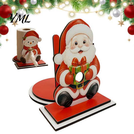Santa Claus Elk Table Decor Christmas Wooden Paper Towel Holder, Decorative Vertical Roll Dispenser, Holder Stable Weighted Base Organizer for Holiday