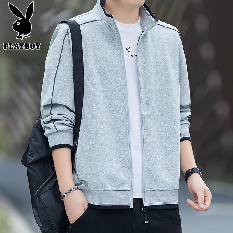 PLAYBOY Men's Stand-Collar Solid Color Zip-Up Sweatshirt Jacket
