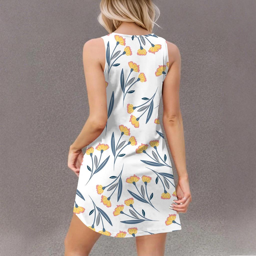 Женское повседневное летнее платье-жилет с карманами, цветочным принтом, V-образным вырезом, без рукавов