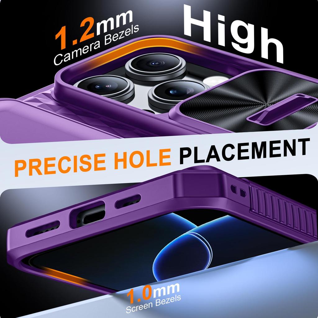 With Card Holder Sliding Camera Cover And Stand For iPhone 16 Pro Max Phone Case, Anti-Fall PC+TPU Wallet Case-Purple