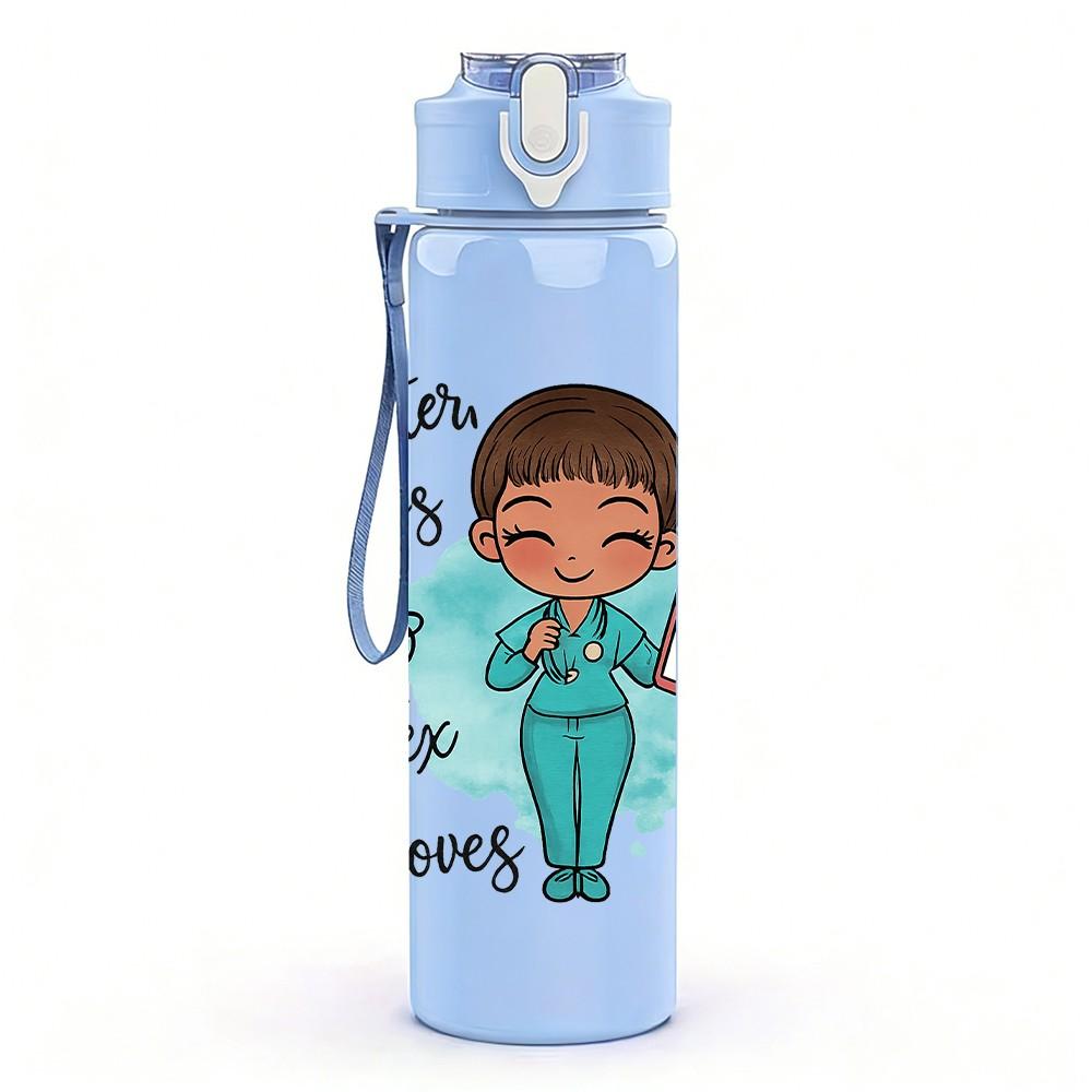 1PC Nurse Latin Quote Cartoon 750ml Color Plastic Sports Water Bottle Leakproof Flip Straw Lid Suitable for Sports Office Home Use