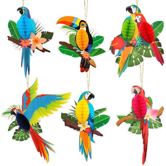 6 Pcs Tropical Birds Honeycombs, Parrot Honeycomb Decorations, Parrot Paper Cutouts Hanging Decorations for Summer, Jungle, Rainforest Party Supplies