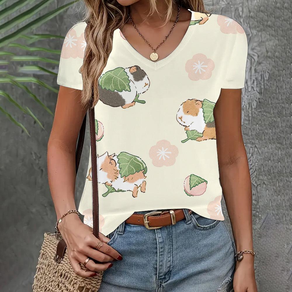Летняя женская одежда Футболка Повседневная Свободная футболка с коротким рукавом с рисунком кота и комиксами Модная одежда с V-образным вырезом Элегантная женская футболка