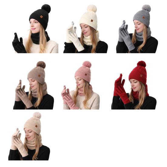 Набор из 3 предметов: женская шапка, шарф, перчатки, шапка с плюшевым помпоном, защита от холода, двухслойный шарф, набор перчаток для сенсорного экрана, лыжное снаряжение для велоспорта