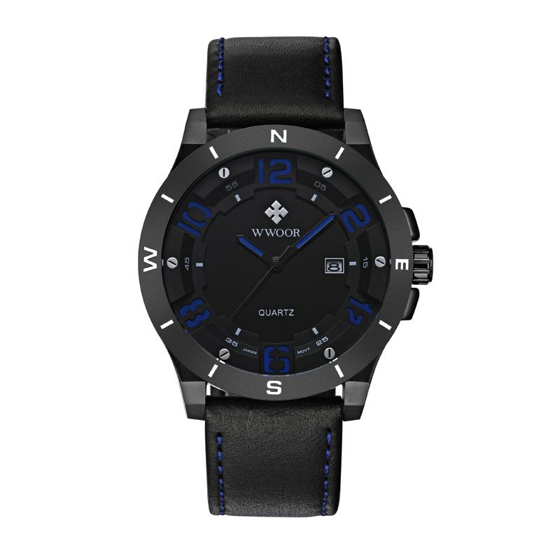 WWOOR Спортивные мужские часы с кожаным ремешком Матовый черный корпус с календарем Водонепроницаемые кварцевые часы