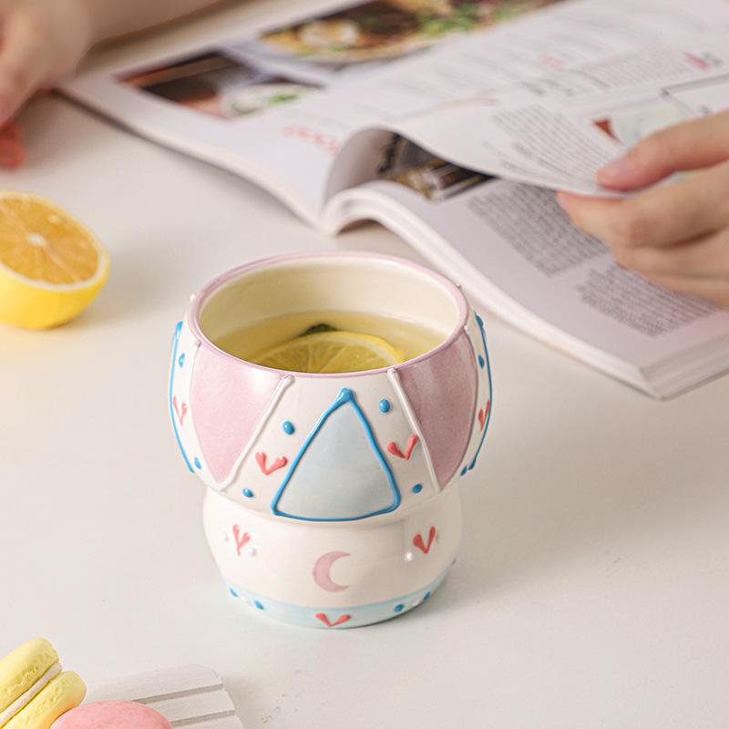 Hand-Painted Relief Ceramic Household Ceramic Cup Water Cup Creative Hand Cup Large Capacity Mug Milk Cup Breakfast Cup
