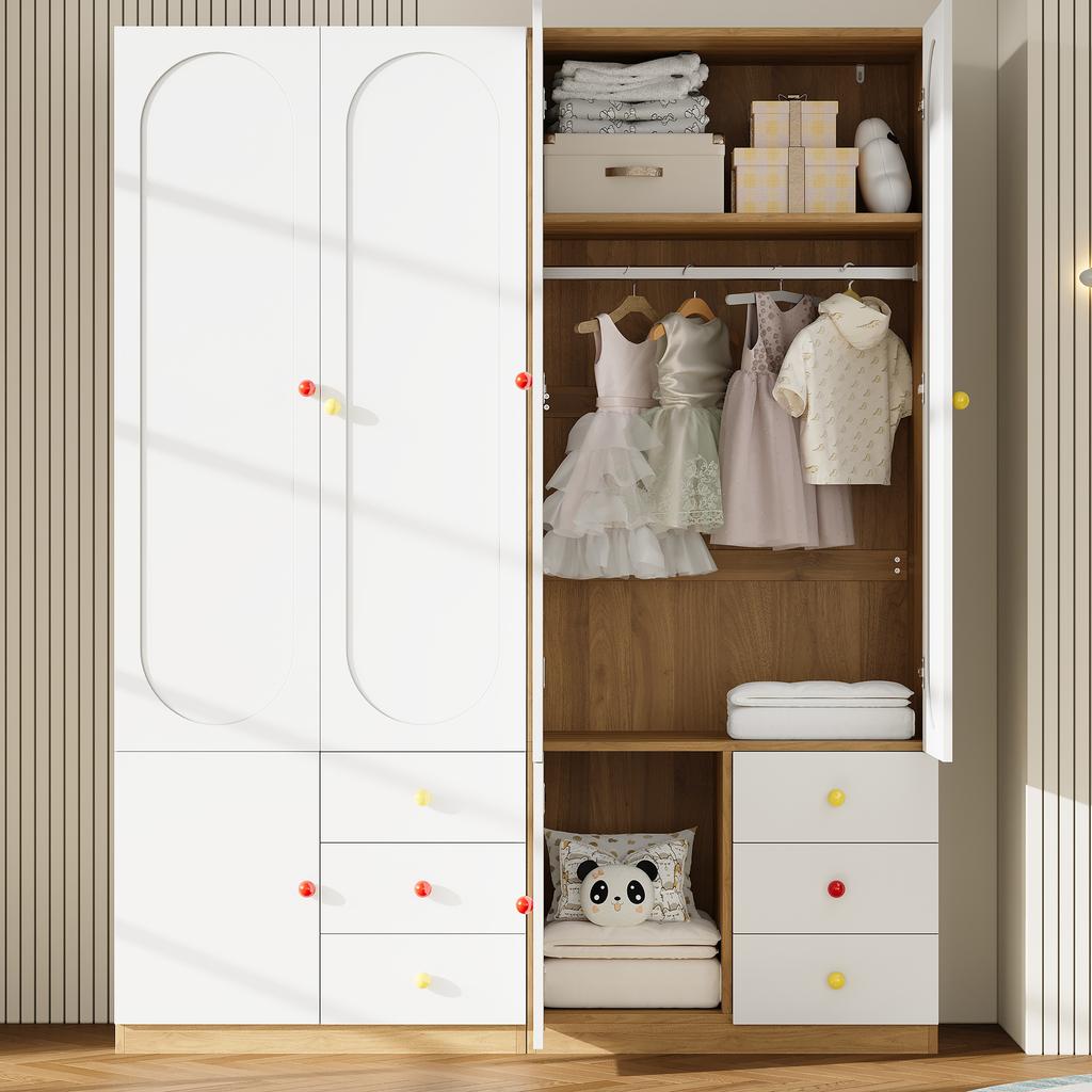 2-Door wardrobe with drawers, bedroom cabinet, children's room furniture, with clothes rail, colorful ceramic handles, white, lacquer finish, set of 2