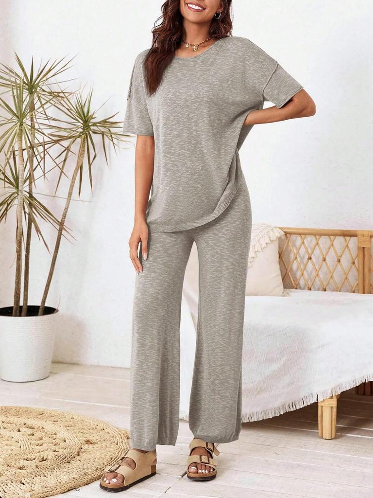 Women's Two Piece Travel Lounge Set Short Sleeve Knit Pullover and Wide Leg Pants Tracksuit