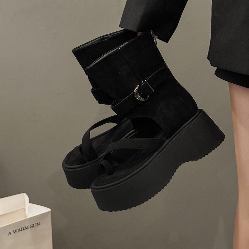 Ретро крутые ботинки на толстой подошве женские 2025 лето новая мода сандалии с закрытым носком на высокой платформе ботильоны на молнии