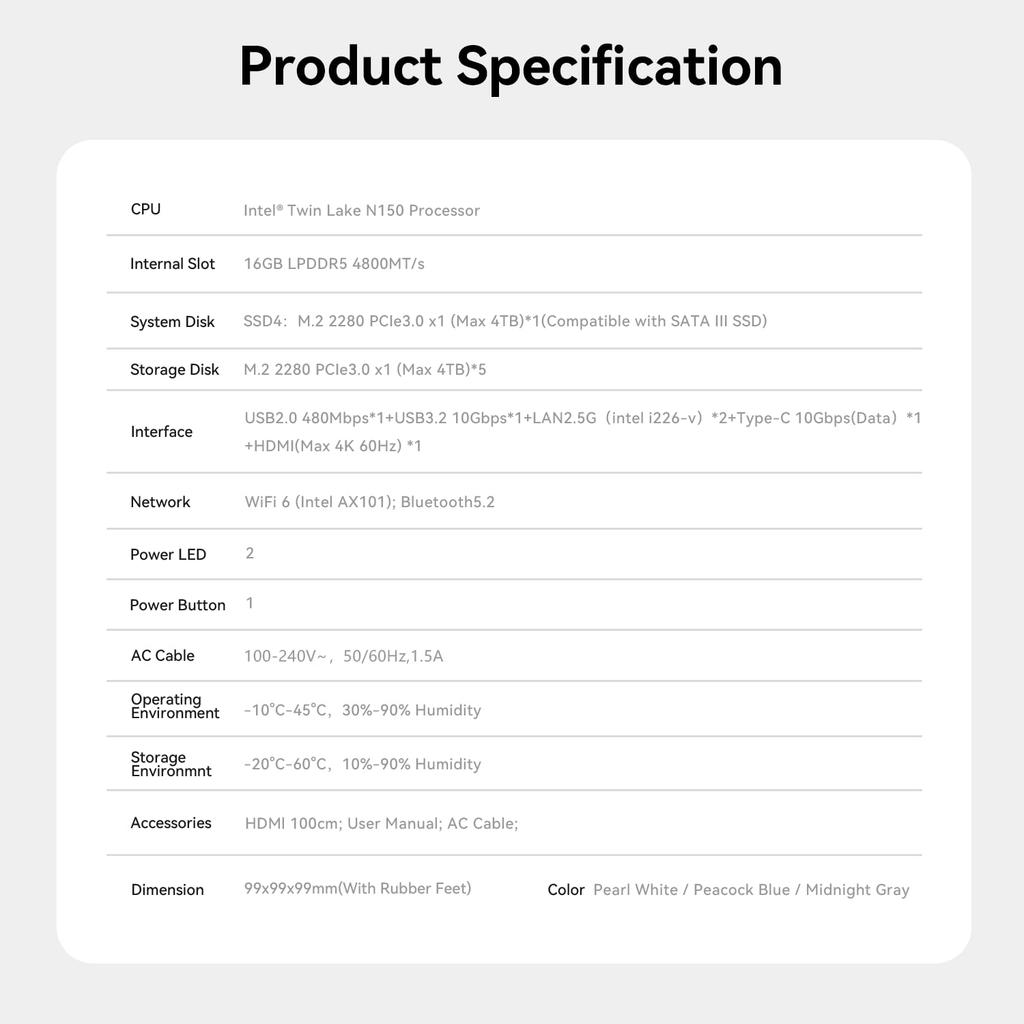 Beelink ME Mini Intel N150 16G 1TB 6 x NVMe Dual WiFi Bluetooth Mini Desktop Attached Storage PC, NAS, LPDDR5, M.2 SSD, M.2 Slots, 2.5GHz LAN, 6, 5.2,