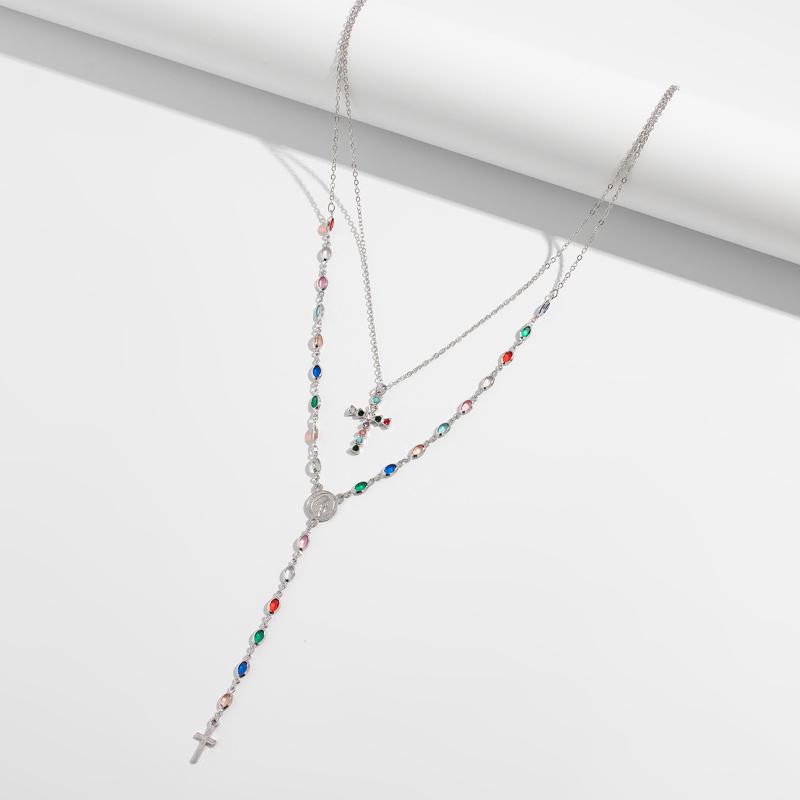 Fashionable Light Luxury Jesus Cross Pendant Necklace Set For Women Trendy Colorful Crystal Chain Choker Christian Jewelry Gift