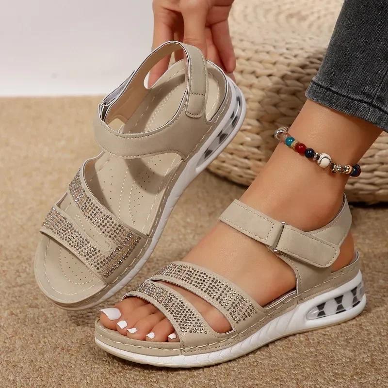 Распродажа женской обуви. Летние женские сандалии с открытым носком, римские пайетки, однотонные, повседневные, пляжные, на танкетке, женские сандалии большого размера