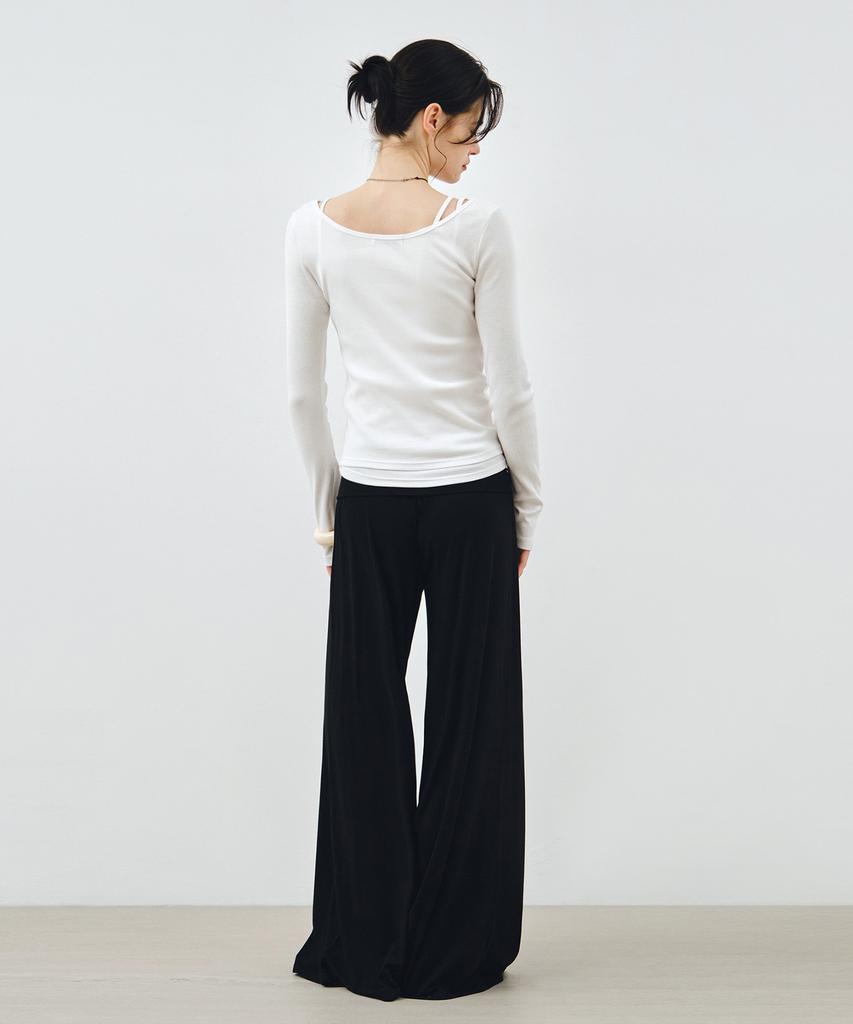 MONGDOL Foldable Elastic Waist Wide Pants Black Mdpt083Black