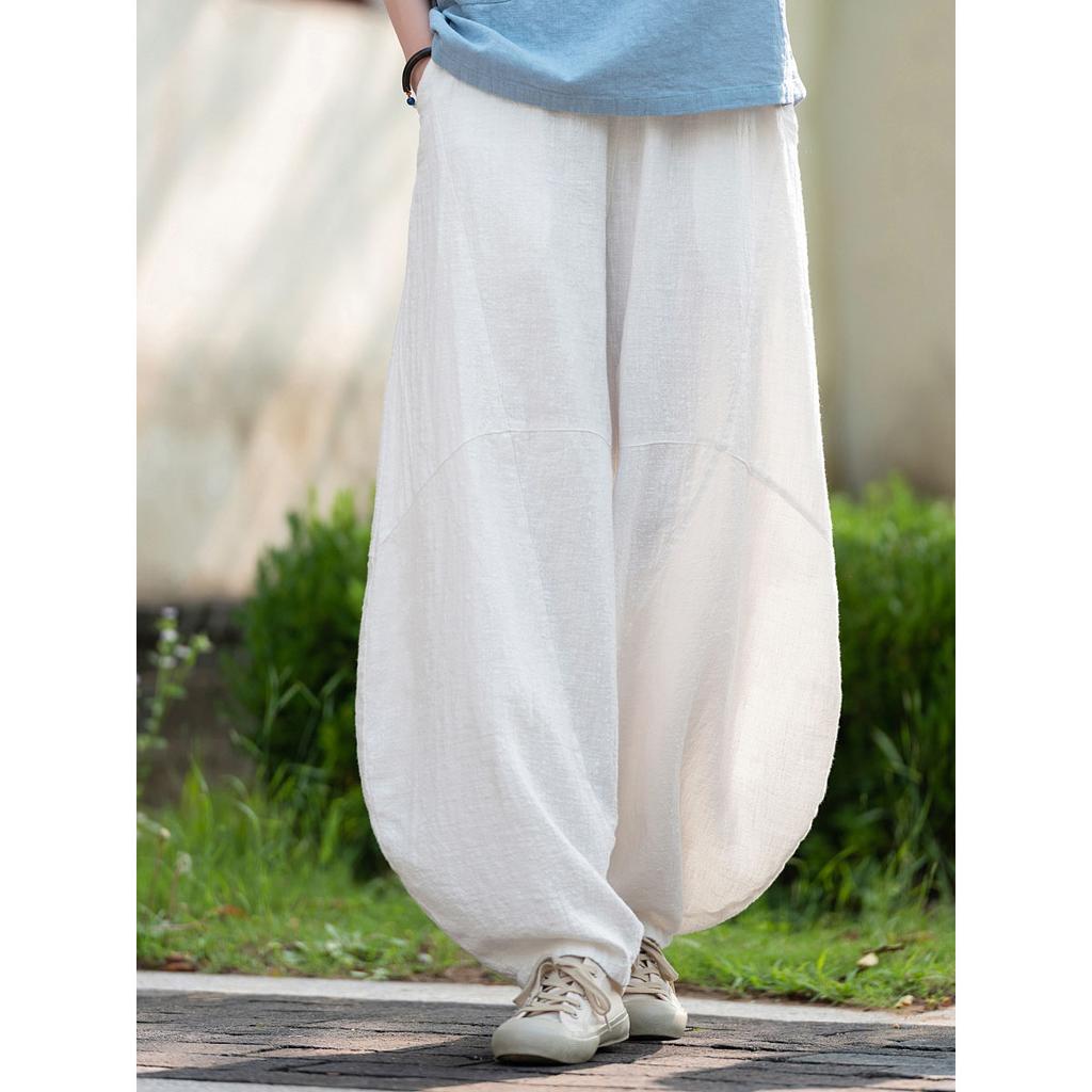 Women Vintage Ramie Cotton Linen Pants Elastic Waist Wide Leg Trousers Spring Summer Tie-dye Harem Pants Loose Bloomers