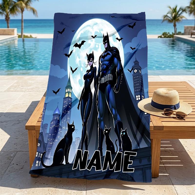 Custom Name Batman Catwoman Stylish Digital Printing Beach Towel Quick‑Drying Absorbent Blanket for Beach Pool Gym Travel