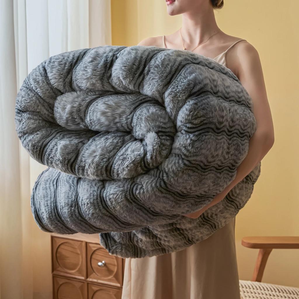 Luxury Wave-Textured Thick Faux Fur Blanket Double Layer Plush Warm Winter Blankets for Bed Fluffy Rabbit Fur Sofa Throw Blanket