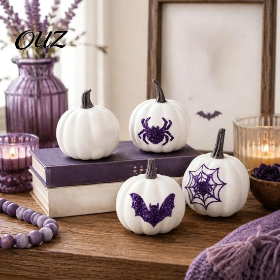 White Foam Pumpkin Halloween Decoration, Purple Glitter Spider Web Decorations Decor, Mini Artificial for Holiday Party Decorative