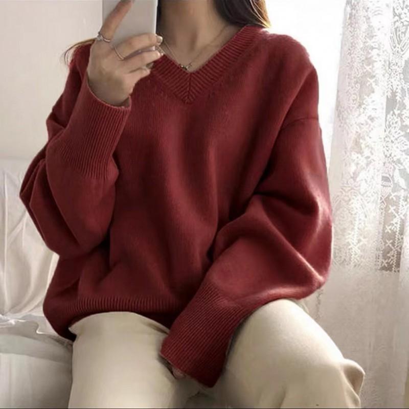 Womens V Neck Knit Sweater Long Sleeve Loose Fit Pullover Fall Winter Solid Color Casual Top