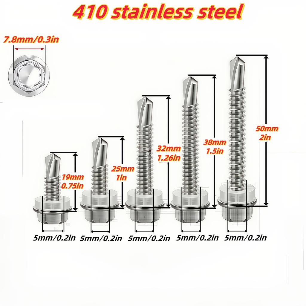 100pcs 410 Stainless Steel Magnetic Hex Washer Head TEK Self-Tapping Screws with Free Sockets - 5mm Coarse Thread, Full Thread R