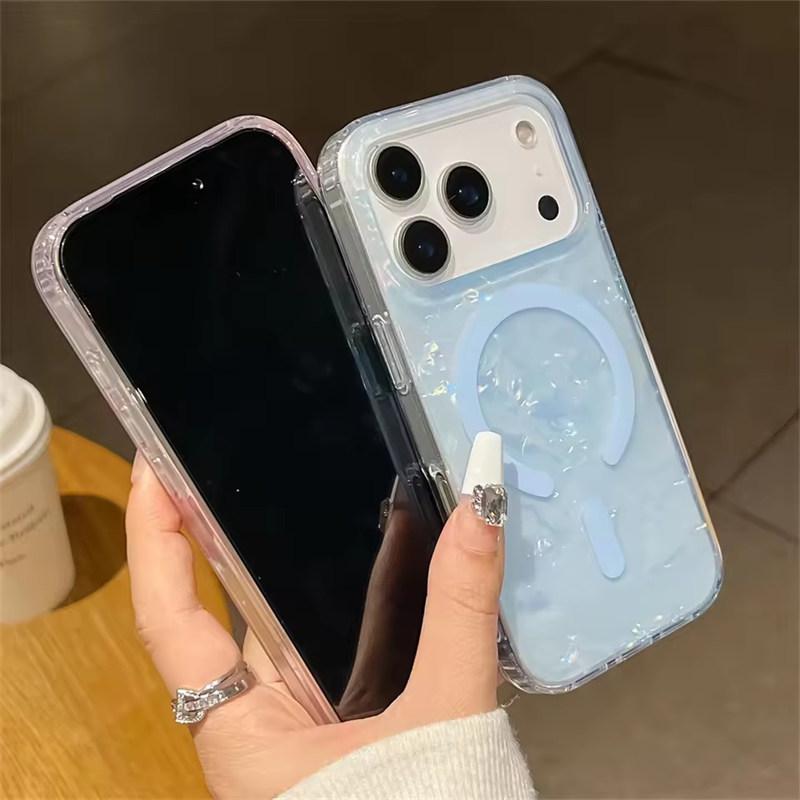 Магнитный мягкий ПК-чехол с текстурой блестящей ракушки для Magsafe iPhone 17 16 15 14 13 12 Pro Max Plus 11 Беспроводная зарядка Задняя крышка телефона